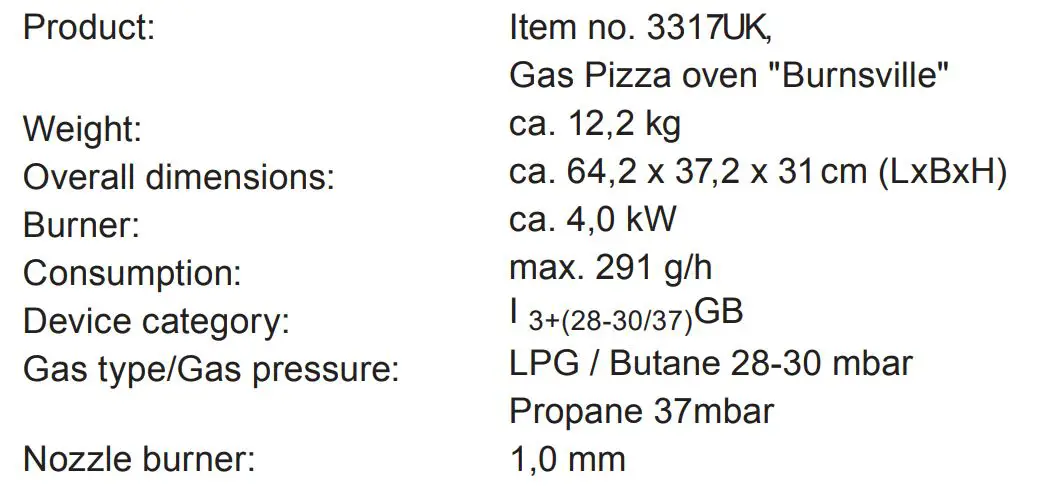 tepro 3317UK Burnsville Gas Pizza Oven - Technical details