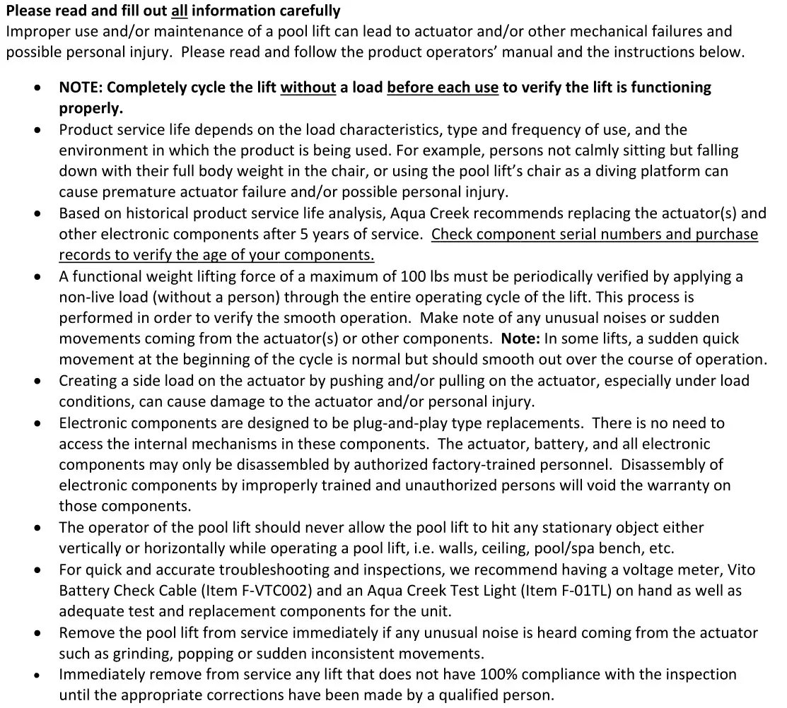 Aqua Creek Products F-MTY600 Mighty Pool Lift - Maintenance Notes