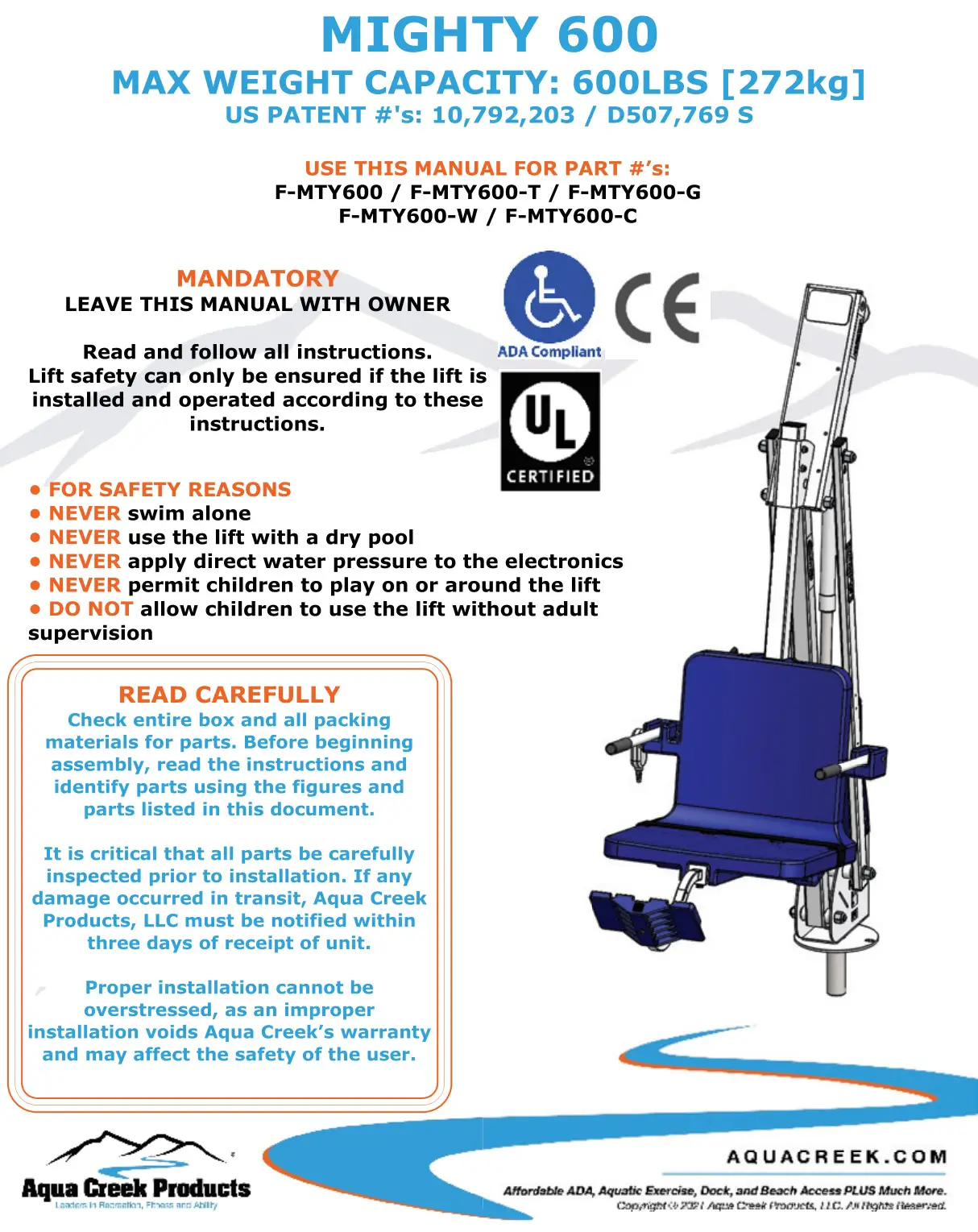 Aqua Creek Products F-MTY600 Mighty Pool Lift Owner's Manual