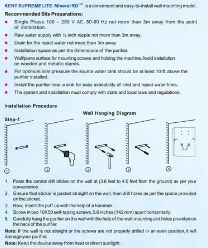 RO+UF+TDS Control Kent Supreme Lite User Guide - Installation Instructions