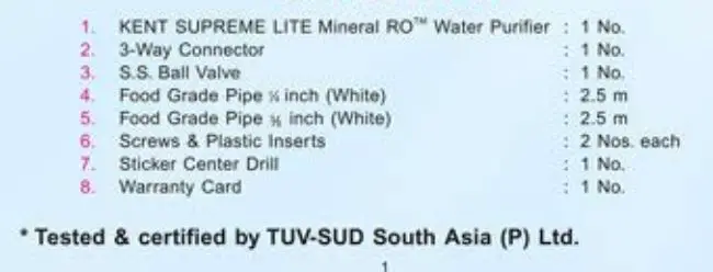RO+UF+TDS Control Kent Supreme Lite User Guide - Items in the Box