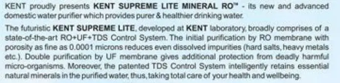 RO+UF+TDS Control Kent Supreme Lite User Guide - Kent Technology A Breakthrough in Water Purification