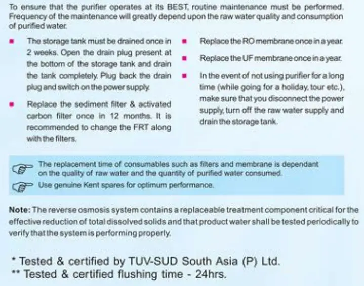 RO+UF+TDS Control Kent Supreme Lite User Guide - Maintenance