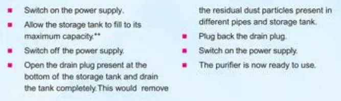 RO+UF+TDS Control Kent Supreme Lite User Guide - Starting Up the Purifier