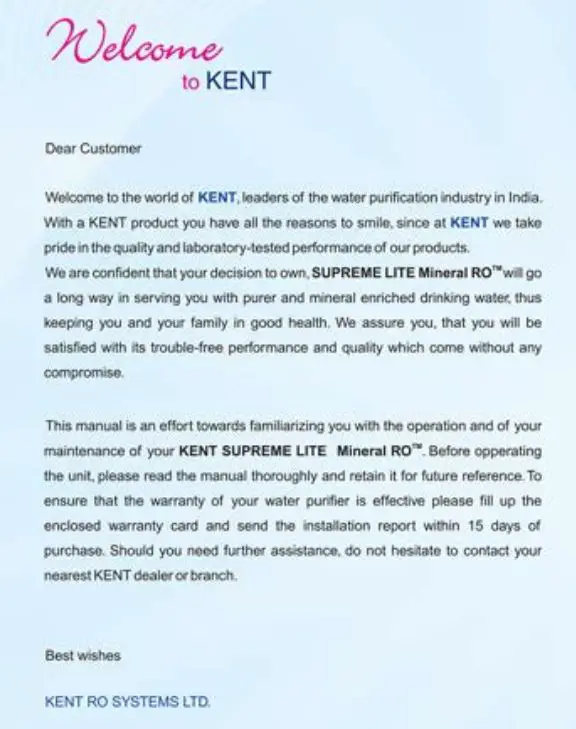 RO+UF+TDS Control Kent Supreme Lite User Guide - Welcome to Kent