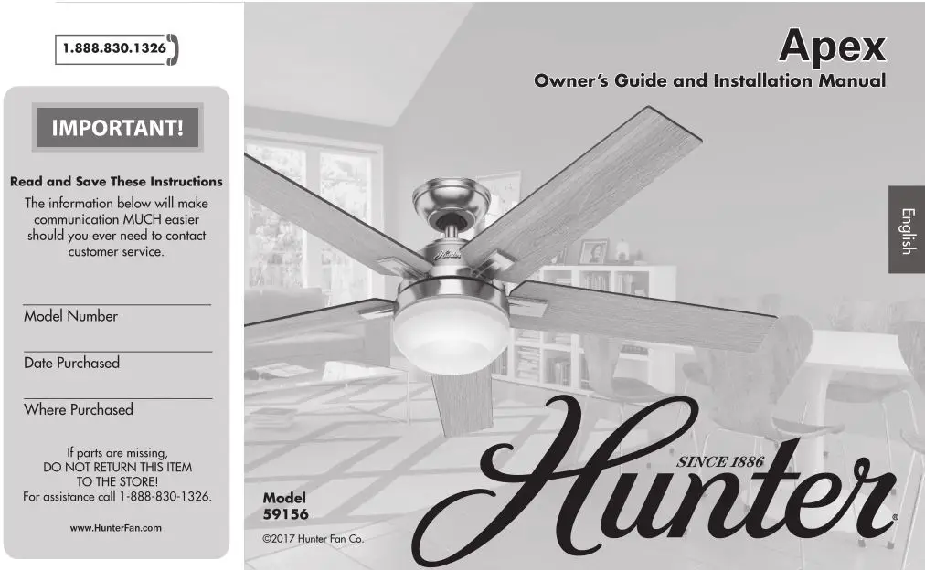 Hunter Apex Model 59156 Owner's Guide and Installation Manual