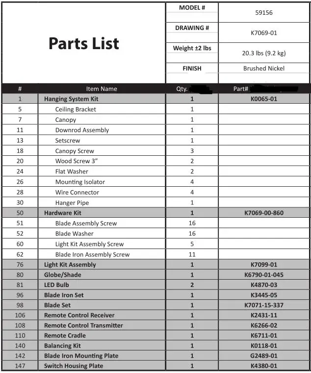 Hunter Apex Model 59156 - Parts List