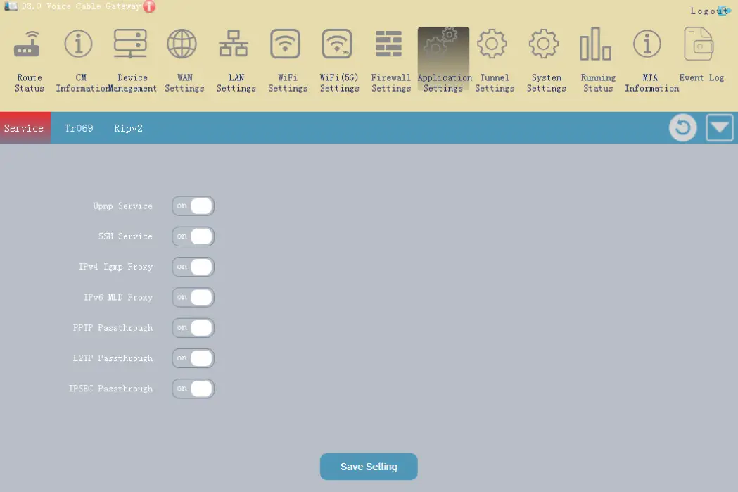 Hf Radio Communication Technology RTCD905 DOCSIS3.0 Resdential Gateway - Application Settings