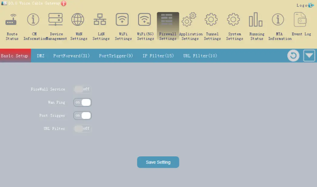 Hf Radio Communication Technology RTCD905 DOCSIS3.0 Resdential Gateway - Firewall Settings