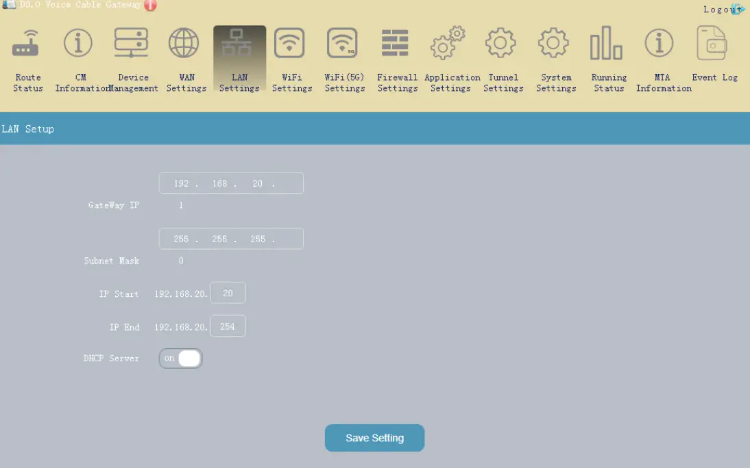 Hf Radio Communication Technology RTCD905 DOCSIS3.0 Resdential Gateway - LAN settings