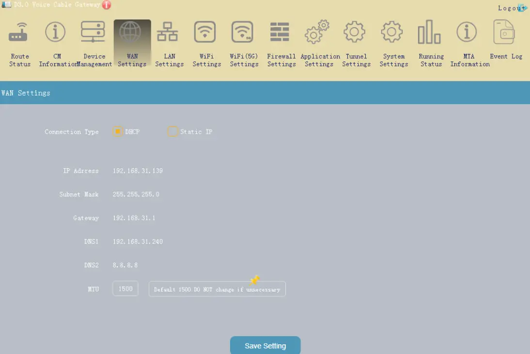 Hf Radio Communication Technology RTCD905 DOCSIS3.0 Resdential Gateway - WAN Settings