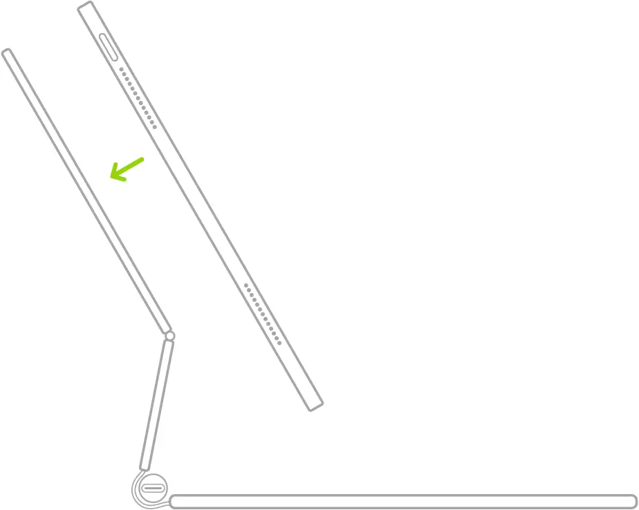 An illustration of Magic Keyboard for iPad open and folded back. iPad is positioned above the keyboard for attachment to Magic Keyboard for iPad.