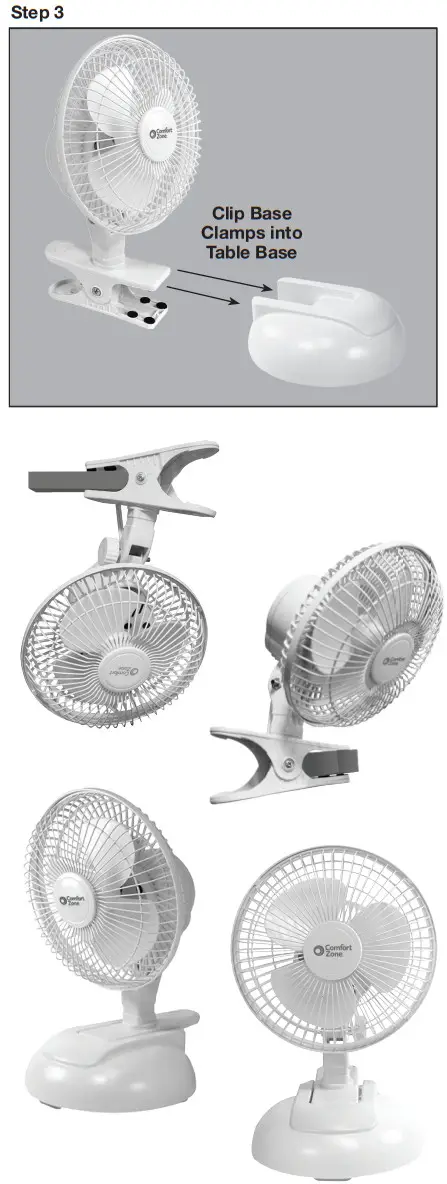 Comfort Zone CZ6XM Series 6 Inch Combination Clip and Table Base Fan - Step 3