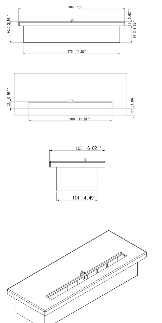 THE BIOFLAME 16 Inch Ethanol Fireplace Burner - measurement