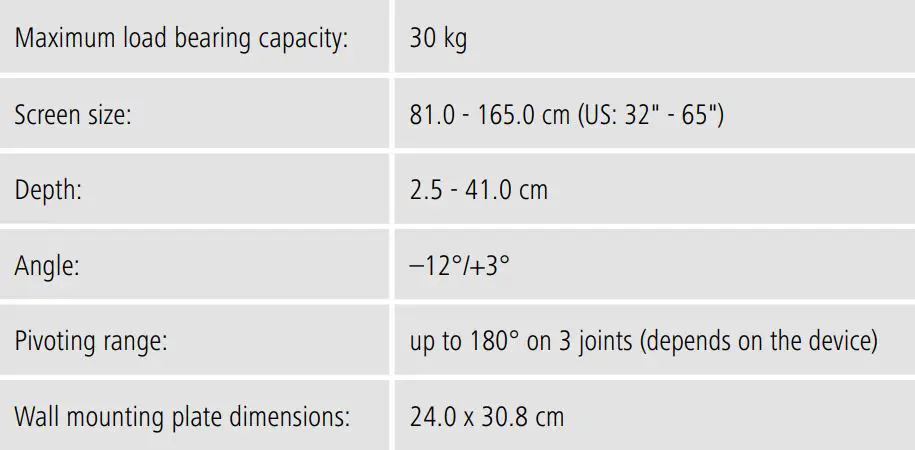 hama 00118065 TV Wall Bracket Instruction Manual - specifications