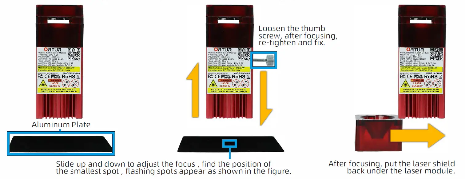 Use the aluminum plate to adjust focus