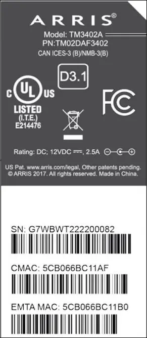 image of Touchstone TM3402 MAC Address Label