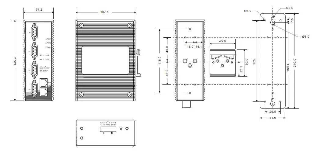 ORing IDS-342GT Industrial Secure Serial Port to Ethernet Device Server Installation Guide - Dimension
