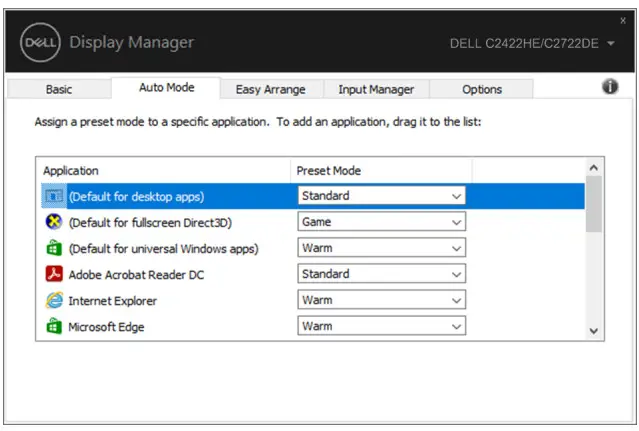 DELL C2422HE 24 inch Video Conferencing Monitor - Mode assignments