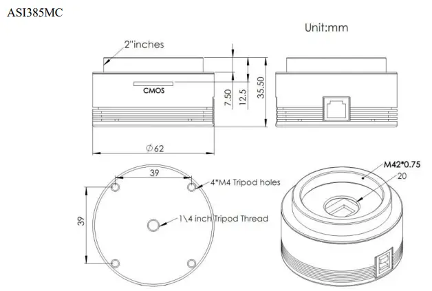 ZWO ASI385 Color CMOS Astronomy Camera - Mechanical