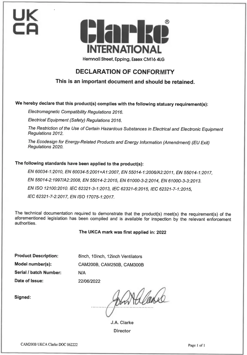 Clarke CAM300B 12 Inch Portable Ventilator Air Mover - FIG 3