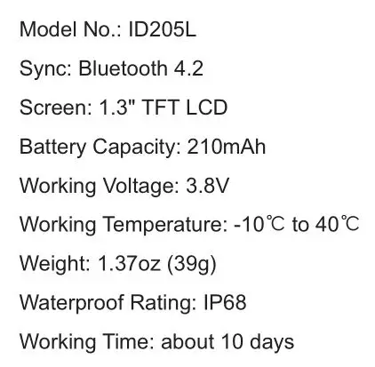 Smart Watch ID205L - Specifications