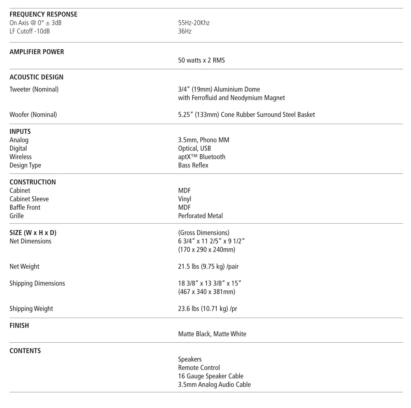 psb SPEAKERS ALPHA AM5 Powered Bookshelf Speakers - Specifications