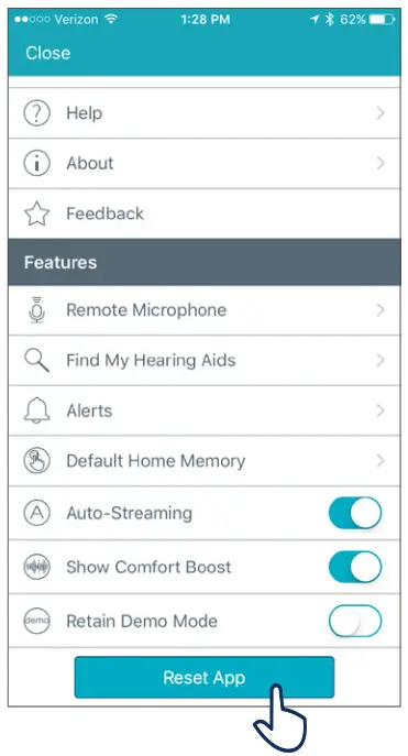 TRULINK Hearing Control App - Reset