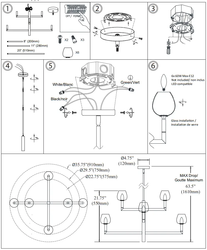 Dainolite NOR-326C-CLR 6 Light Incandescent Aged Brass Chandelier with Clear Glass