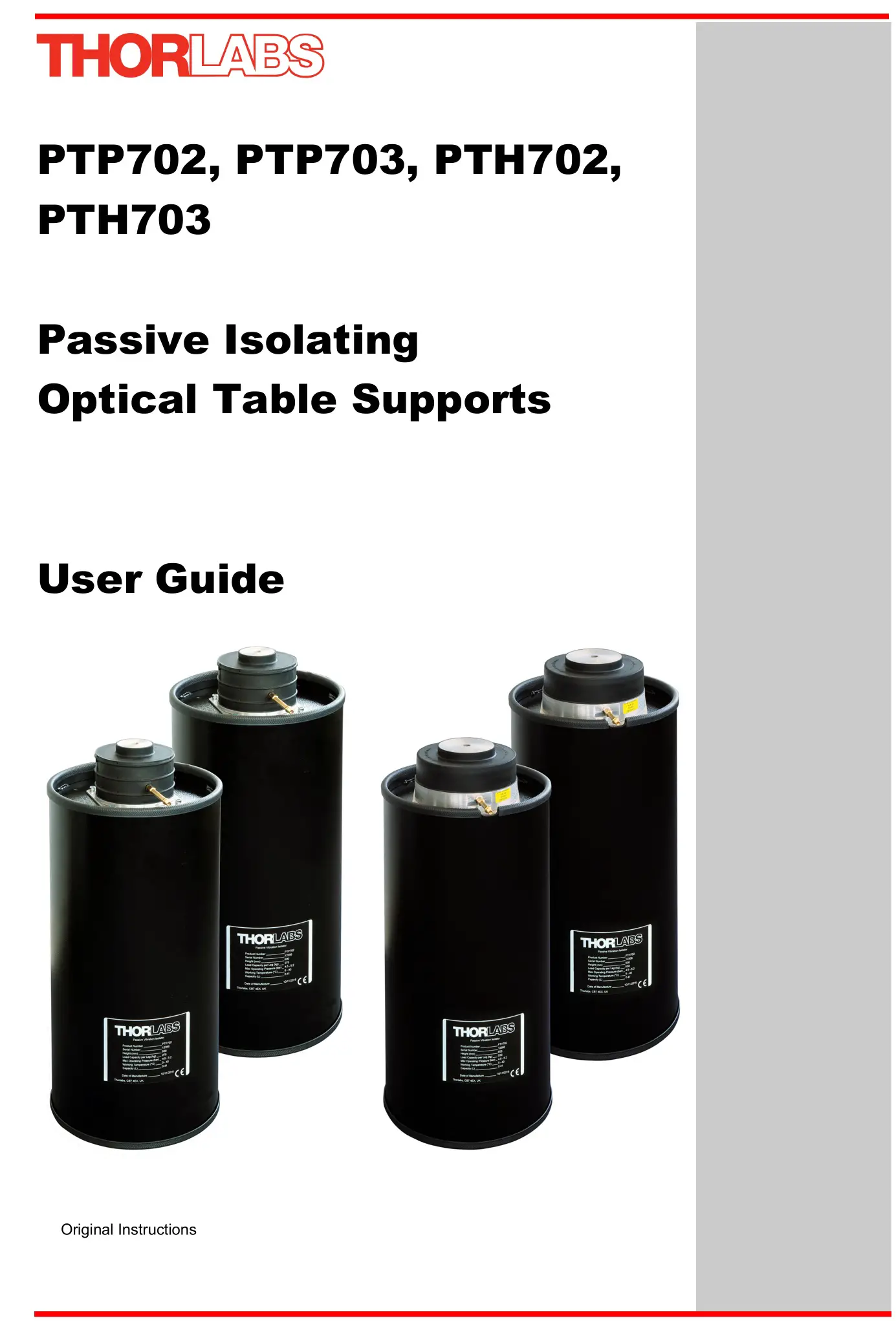 THORLABS PTP702 Passive Isolating Optical Table Supports User Guide