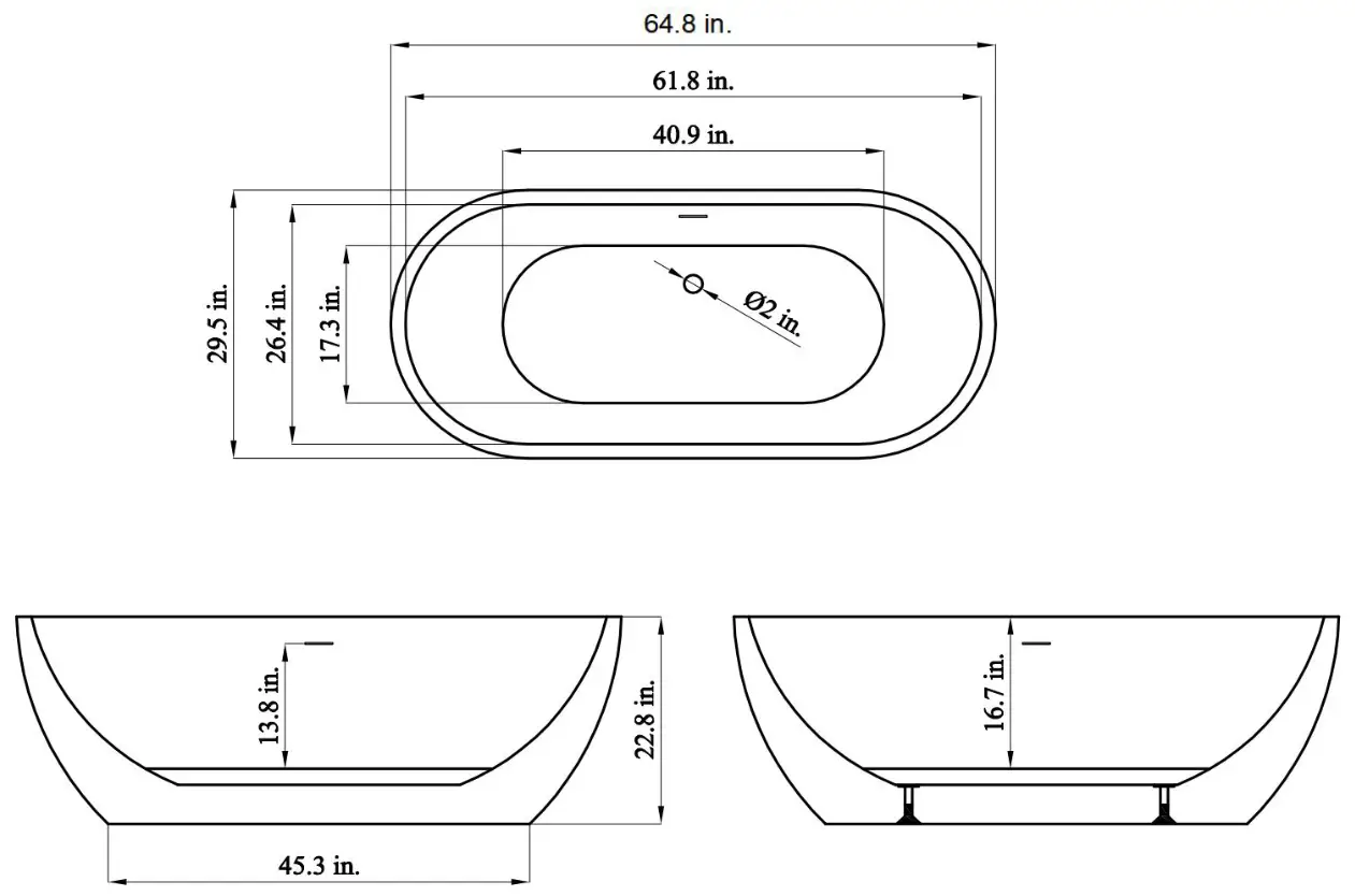 VINNOVA 260065 BAT WH Zamora 64 8 Inch 29 5 Inch Soaking Bathtub