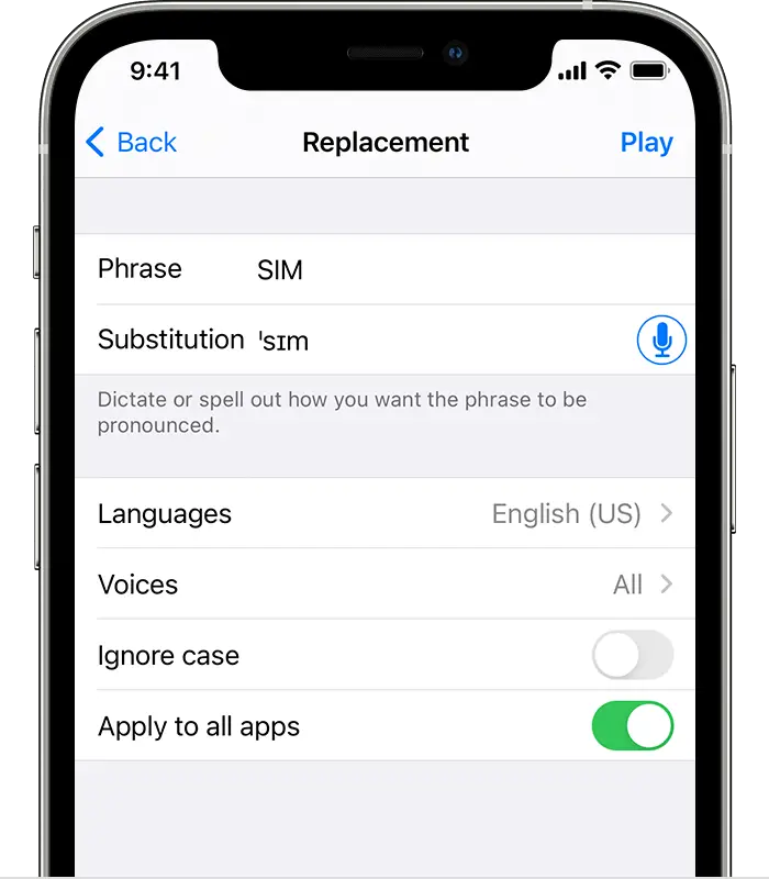 iPhone screen showing SIM in the Phrase field and the pronunciation of SIM in the Substitution field.