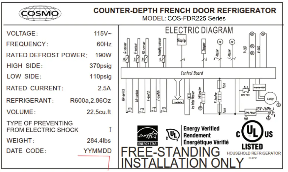COSMO COS-FDR225 Series 4 Door French Door Counter Depth Refrigerator - Fig 37