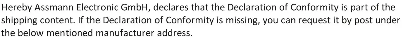 DIGITUS DA-90406 Electric Height-Adjustable Desk With USB Charger and Drawer Installation Guide - Declaration