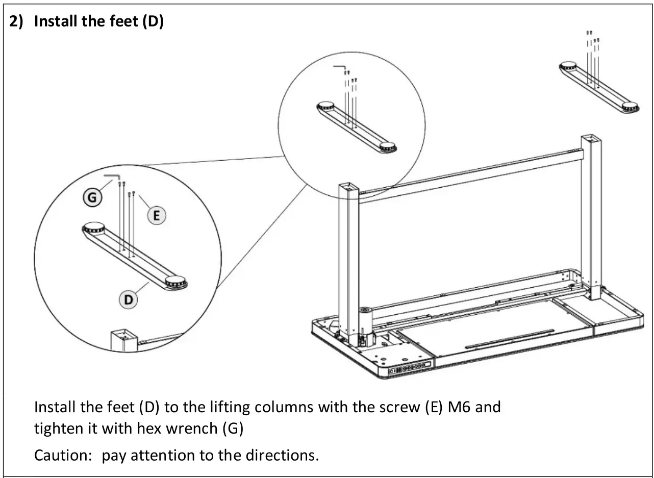 DIGITUS DA-90406 Electric Height-Adjustable Desk With USB Charger and Drawer Installation Guide - Install the feet (D)