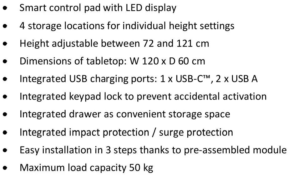 DIGITUS DA-90406 Electric Height-Adjustable Desk With USB Charger and Drawer Installation Guide - Product Features