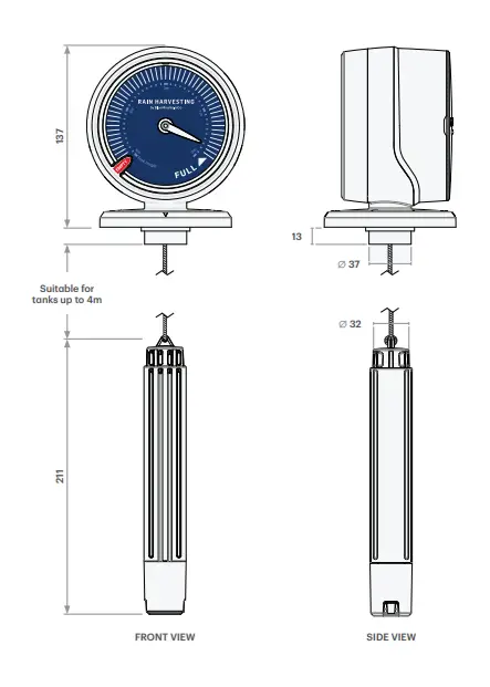 RAIN HARVESTING RC4 MGTG1RC4 Tank Gauge Plus - PRODUCT DIMENSIONS