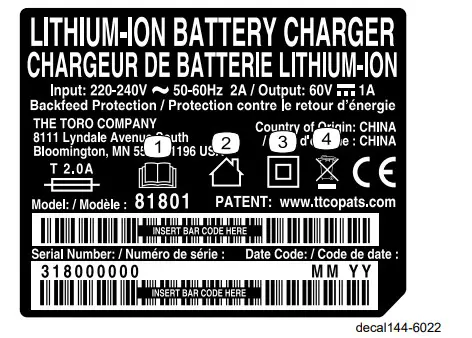 TORO Flex-Force Power System™ 60V MAX Battery Charger - warning