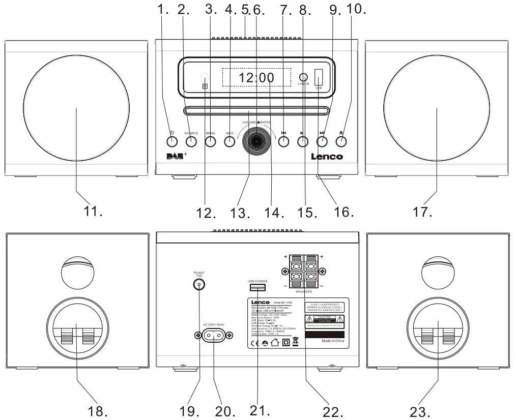 Lenco MC 175SI DAB Plus and FM Radio with CD Player USB and Bluetooth - Description of Parts