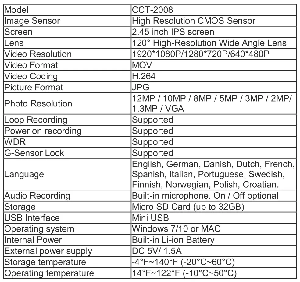 Denver CCT-2008 Car Dashcam - Specifications