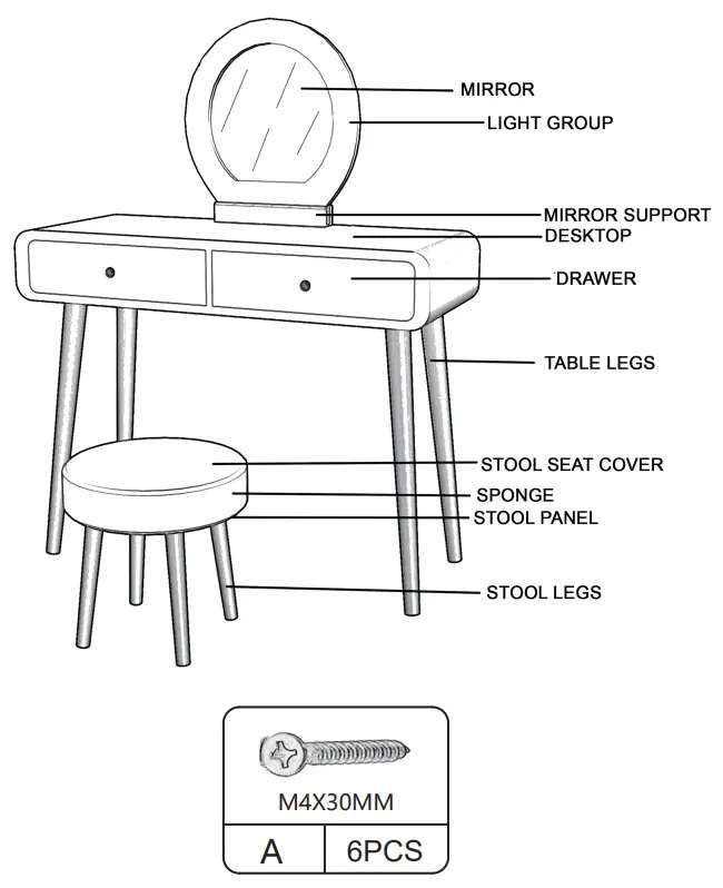 JAXPETY HG61A0869 Rustic Country 2-Drawer Wood Makeup Vanity Set - Parts list