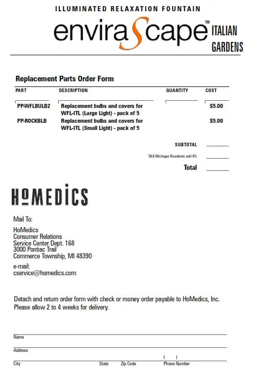 Homedics WFL-ITL EnviraScape Italian Gardens Illuminated Tabletop Relaxation Fountain - Order Form