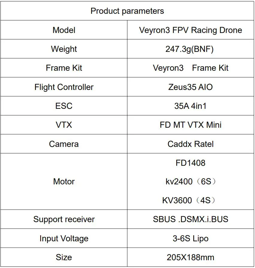 HGLRC Veyron3 FPV Racing Drone User Manual - Product Specifications