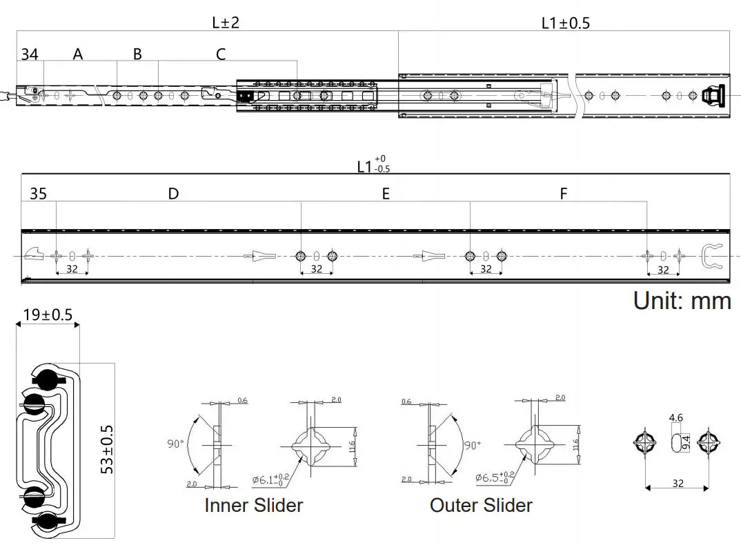 vadania Heavy Duty Drawer Slides User Manual - product dimensions