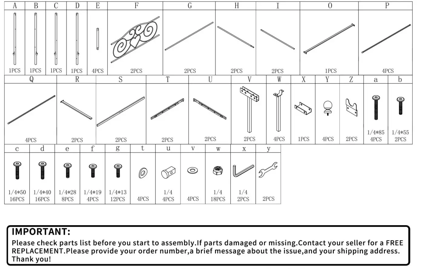 The Home Depot 748G White 61 in. W Queen Size Metal Canopy Bed - PARTS LIST