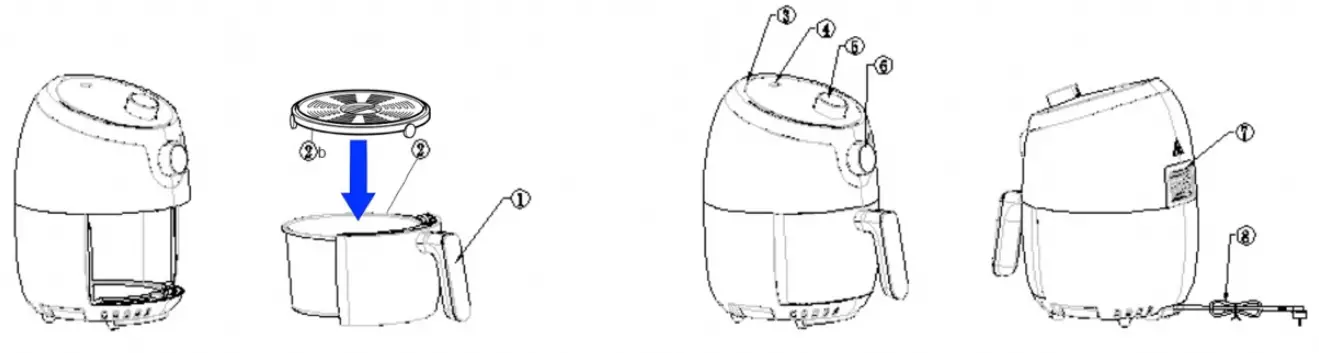 Yedi HOUSEWARE GV030 Mini 2 Quart Air Fryer - Product Structure Diagram