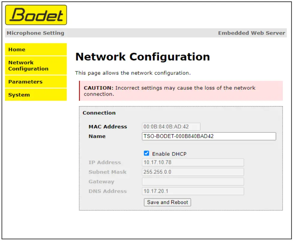 Bodet Multizone Harmonys Microphone - configuration page