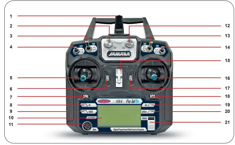 JAMARA FCX6 Pro Tel Transmitter Instructions - Definition of key funktions throttle left