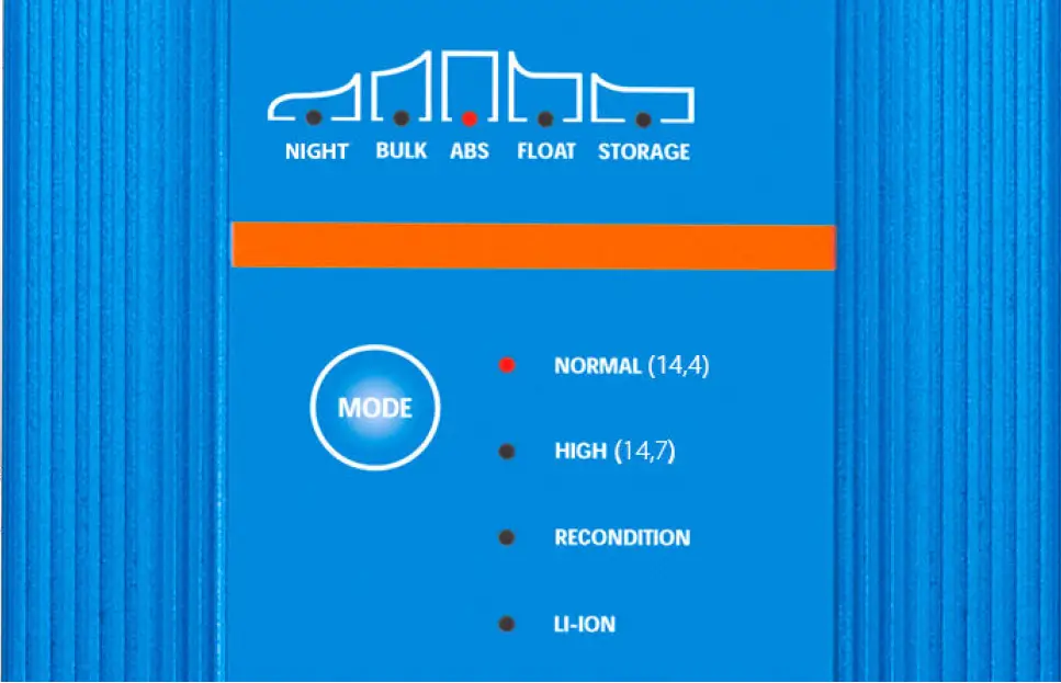 2. Connect the AC power cable to a mains power outlet; the BULK LED will be illuminated when the Blue Smart Charger is powered up. 3. Select the charge mode appropriate for the battery type; briefly press the MODE button to cycle through the available options, the LED beside the currently selected charge mode will be illuminated. When recondition mode is selected, the RECONDITION LED will be illuminated in addition to the selected charge mode LED. The charger will automatically store the selected charge mode and recall it for future charge cycles (even after being disconnected from power).