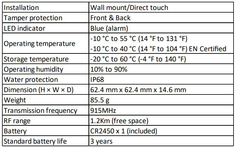 HIKVISION DS-PDWL-E-WA Wireless Water Leak Detector User Guide - Specification
